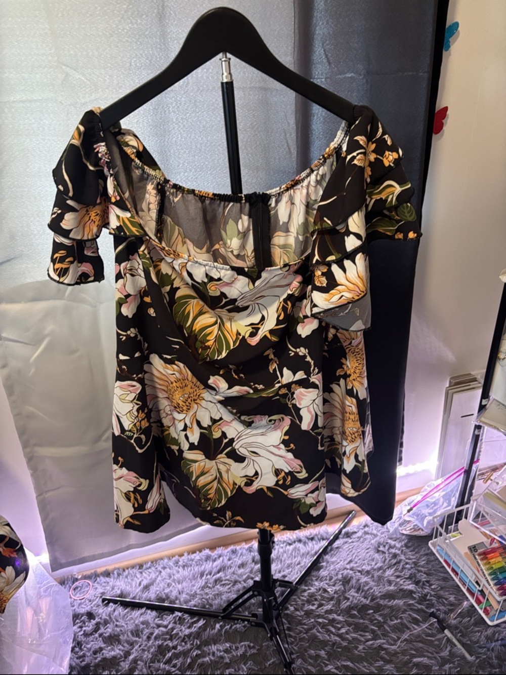SHEIN Black Floral Off-Shoulder Tunic with White, Cream & Green Accents